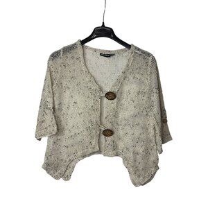 Nina Leonard Mesh Cardigan L Asymmetrical Wooden Buttons Lagenlook Beachy Y2K